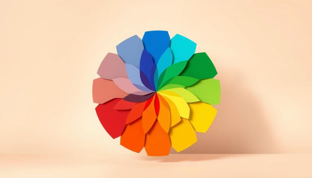 A vibrant color wheel composed of vivid, complementary hues floats against a soft, neutral background. The foreground features a crisp, harmonious arrangement of overlapping shapes and gradients, showcasing the interplay of contrasting colors. Warm tones of red, orange, and yellow mingle with cool shades of blue, green, and purple, creating a dynamic and visually striking composition. Subtle lighting accentuates the depth and dimensionality of the design, while a slightly angled perspective adds a sense of movement and energy. The overall aesthetic is clean, modern, and visually captivating, perfectly capturing the essence of complementary color design frameworks.