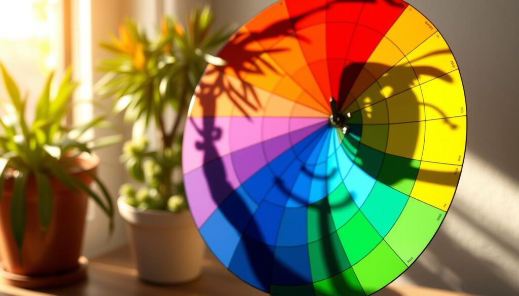A vibrant color wheel, its concentric rings bursting with a spectrum of hues, floats against a softly blurred background. The wheel is illuminated by warm, natural lighting, casting subtle shadows that add depth and dimension. The colors are rich and saturated, from the deep reds and oranges at the center to the cool blues and greens on the outer edge. The composition is balanced and visually striking, inviting the viewer to explore the intricate relationships between the different color families. This image serves as a practical guide, inspiring the viewer to confidently combine complementary, analogous, and triadic color schemes for their own stunning potted plant arrangements.