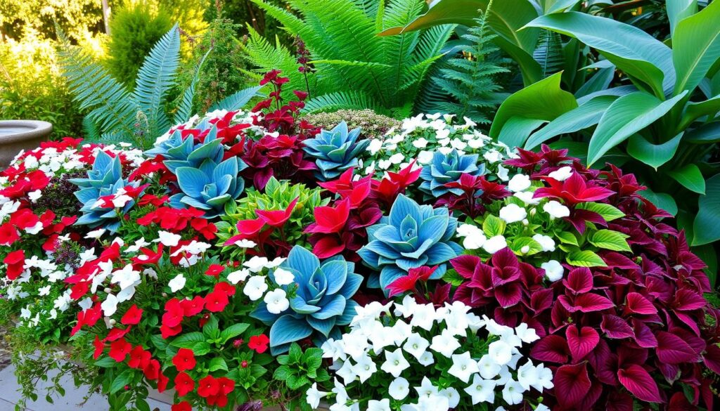 A vibrant container garden bursting with lush, sun-loving and shade-tolerant plants, their foliage in shades of red, white, and blue. In the foreground, a mixture of crimson salvia, snow-white angelonia, and deep indigo lobelia cascade over the container's edges. In the middle ground, compact rosettes of blue-green hosta and fiery red coleus mingle with clusters of delicate white impatiens. The background features verdant ferns and towering elephant ears, creating a lush, natural backdrop. Warm, diffused sunlight filters through the foliage, casting a gentle glow and creating dynamic shadows that accentuate the plants' textures and colors. A vibrant container garden bursting with lush, sun-loving and shade-tolerant plants, their foliage in shades of red, white, and blue. In the foreground, a mixture of crimson salvia, snow-white angelonia, and deep indigo lobelia cascade over the container's edges. In the middle ground, compact rosettes of blue-green hosta and fiery red coleus mingle with clusters of delicate white impatiens. The background features verdant ferns and towering elephant ears, creating a lush, natural backdrop. Warm, diffused sunlight filters through the foliage, casting a gentle glow and creating dynamic shadows that accentuate the plants' textures and colors.