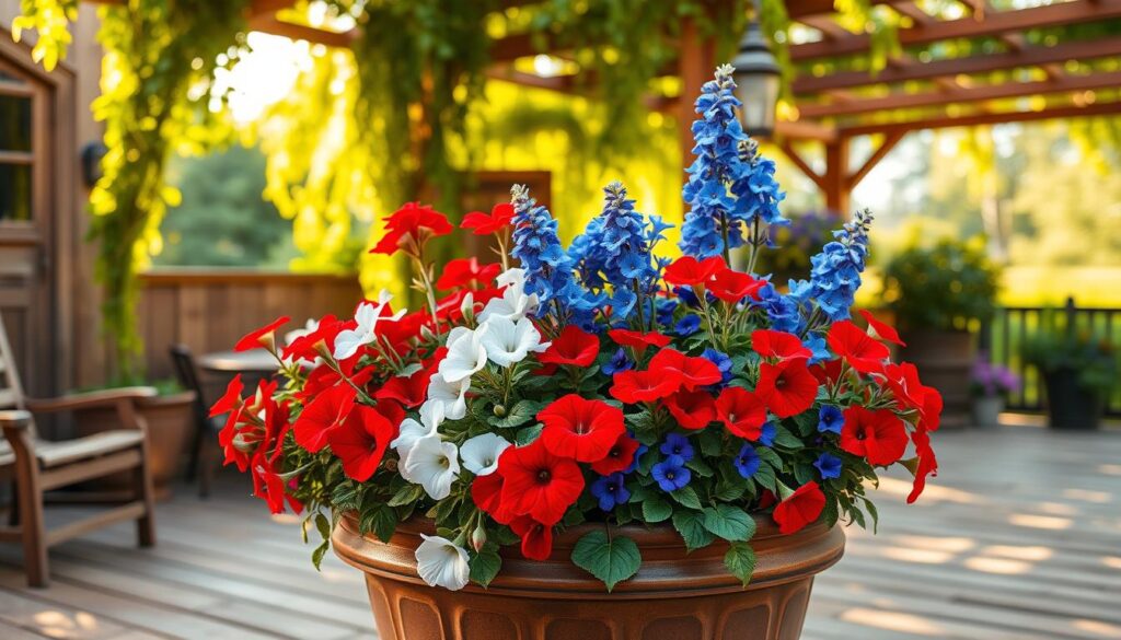 A vibrant container garden filled with a lush arrangement of red geraniums, white petunias, and blue lobelia. The flowers are set against a backdrop of a rustic wooden patio, with warm, golden sunlight filtering through overhead trellises draped in cascading vines. The container's placement invites the viewer to step closer, drawn in by the captivating blend of patriotic colors and the relaxing, inviting atmosphere. The scene is captured through a wide-angle lens, emphasizing the depth and scale of the setting. Overall, the image conveys a sense of welcoming summer charm, perfect for setting the stage for a July 4th celebration. A vibrant container garden filled with a lush arrangement of red geraniums, white petunias, and blue lobelia. The flowers are set against a backdrop of a rustic wooden patio, with warm, golden sunlight filtering through overhead trellises draped in cascading vines. The container's placement invites the viewer to step closer, drawn in by the captivating blend of patriotic colors and the relaxing, inviting atmosphere. The scene is captured through a wide-angle lens, emphasizing the depth and scale of the setting. Overall, the image conveys a sense of welcoming summer charm, perfect for setting the stage for a July 4th celebration.