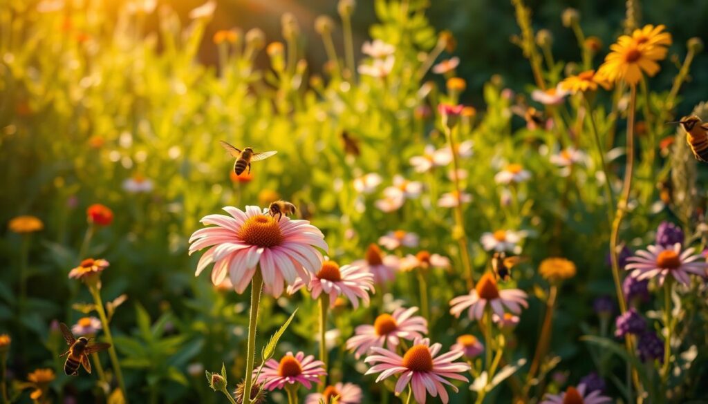 A vibrant garden filled with diverse pollinators, bathed in warm, golden sunlight. In the foreground, a cluster of native flowers sway gently, their petals inviting bees, butterflies, and hummingbirds to feast on their nectar. The middle ground showcases a lush, thriving bed of companion plants, their foliage and blooms providing both visual interest and essential resources for the pollinators. In the background, a verdant backdrop of greenery frames the scene, creating a sense of depth and natural harmony. The overall composition exudes a serene, inviting atmosphere, capturing the beauty and importance of these vital garden inhabitants. A vibrant garden filled with diverse pollinators, bathed in warm, golden sunlight. In the foreground, a cluster of native flowers sway gently, their petals inviting bees, butterflies, and hummingbirds to feast on their nectar. The middle ground showcases a lush, thriving bed of companion plants, their foliage and blooms providing both visual interest and essential resources for the pollinators. In the background, a verdant backdrop of greenery frames the scene, creating a sense of depth and natural harmony. The overall composition exudes a serene, inviting atmosphere, capturing the beauty and importance of these vital garden inhabitants.