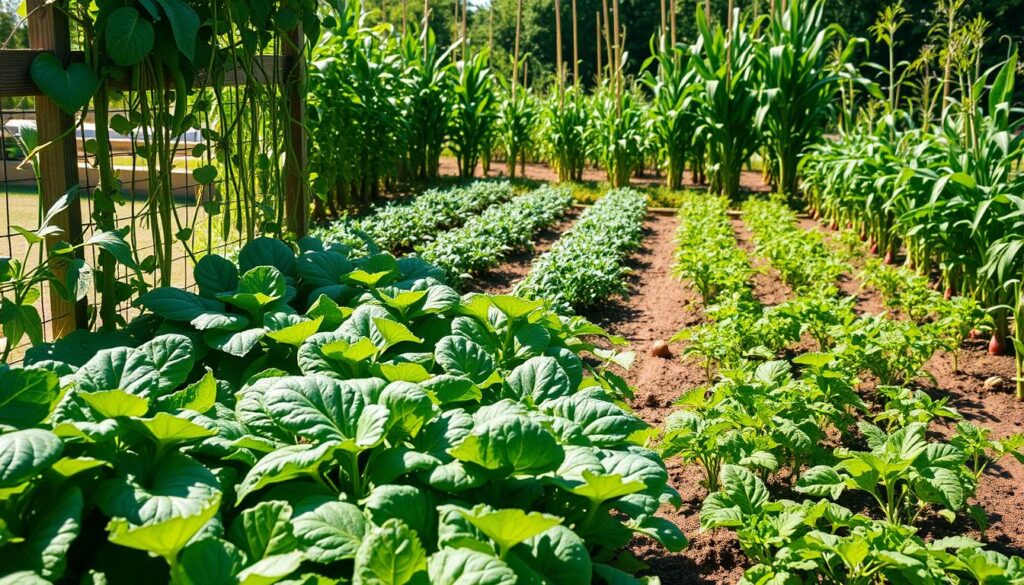 A vibrant garden scene set on a warm sunny day. In the foreground, lush green leafy vegetables like spinach, kale, and swiss chard thrive, their leaves glistening with morning dew. Trailing vines of climbing beans and peas wind up a trellis, their pods bursting with nutrition. In the middle ground, neat rows of hearty root vegetables like carrots, beets, and radishes emerge from the rich soil, their tops a riot of green. Heirloom tomato plants laden with juicy red fruit dot the background, complemented by the towering stalks of corn. The entire scene is bathed in soft, directional light, creating a sense of abundance and resilience in the face of drought. A vibrant garden scene set on a warm sunny day. In the foreground, lush green leafy vegetables like spinach, kale, and swiss chard thrive, their leaves glistening with morning dew. Trailing vines of climbing beans and peas wind up a trellis, their pods bursting with nutrition. In the middle ground, neat rows of hearty root vegetables like carrots, beets, and radishes emerge from the rich soil, their tops a riot of green. Heirloom tomato plants laden with juicy red fruit dot the background, complemented by the towering stalks of corn. The entire scene is bathed in soft, directional light, creating a sense of abundance and resilience in the face of drought.