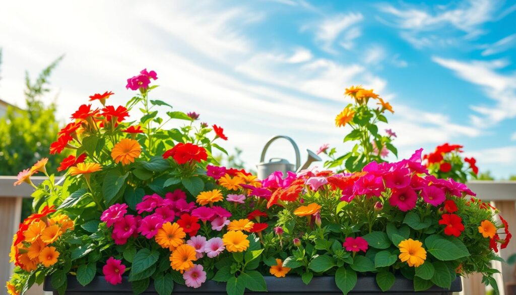 A vibrant, lush container garden set against a warm, sun-dappled backdrop. In the foreground, an array of thriving summer plants - petunias, marigolds, and begonias - overflowing with color and texture. The middle ground features a watering can and gardening tools, hinting at the nurturing care required to maintain this verdant oasis. In the distance, a clear blue sky with wispy clouds, conveying a sense of tranquility and the passage of time. Soft, directional lighting casts gentle shadows, emphasizing the three-dimensional nature of the scene. The overall atmosphere is one of summertime abundance, inviting the viewer to imagine the care and attention needed to cultivate this flourishing display from Independence Day to Labor Day. A vibrant, lush container garden set against a warm, sun-dappled backdrop. In the foreground, an array of thriving summer plants - petunias, marigolds, and begonias - overflowing with color and texture. The middle ground features a watering can and gardening tools, hinting at the nurturing care required to maintain this verdant oasis. In the distance, a clear blue sky with wispy clouds, conveying a sense of tranquility and the passage of time. Soft, directional lighting casts gentle shadows, emphasizing the three-dimensional nature of the scene. The overall atmosphere is one of summertime abundance, inviting the viewer to imagine the care and attention needed to cultivate this flourishing display from Independence Day to Labor Day.