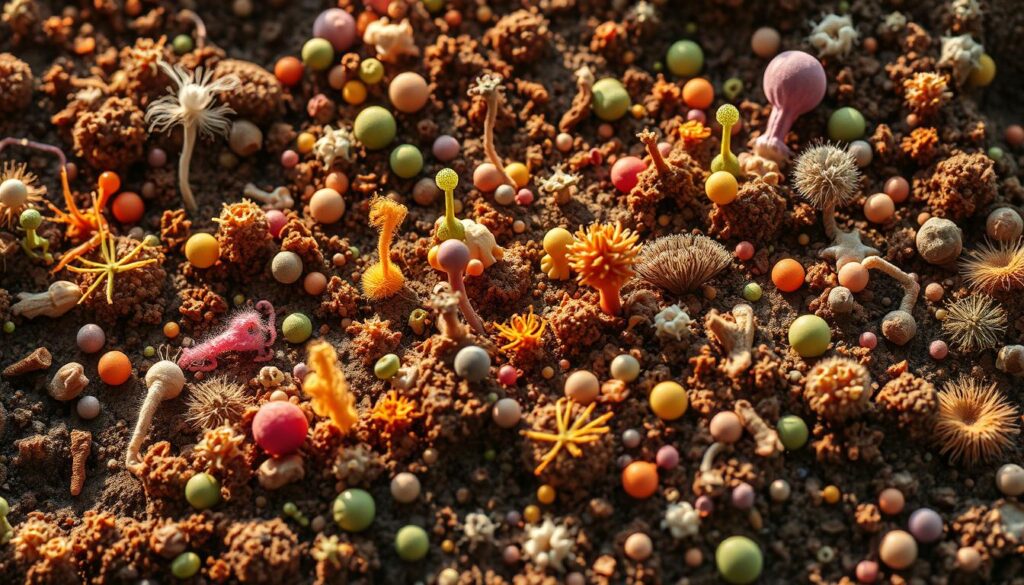 A vibrant, microscopic world teeming with life. Diverse soil microbes, each uniquely shaped and sized, thrive in a richly textured landscape. Bacteria, fungi, and protozoans weave an intricate web, their forms and colors captured in crisp detail under the lens of a high-resolution scanning electron microscope. Warm, natural lighting illuminates the scene, casting gentle shadows that accentuate the contours of these tiny, yet essential, inhabitants of the soil. The viewer is transported into the hidden realm of the microbiome, a profound reminder of the complex, unseen forces shaping the health and vitality of the earth beneath our feet. A vibrant, microscopic world teeming with life. Diverse soil microbes, each uniquely shaped and sized, thrive in a richly textured landscape. Bacteria, fungi, and protozoans weave an intricate web, their forms and colors captured in crisp detail under the lens of a high-resolution scanning electron microscope. Warm, natural lighting illuminates the scene, casting gentle shadows that accentuate the contours of these tiny, yet essential, inhabitants of the soil. The viewer is transported into the hidden realm of the microbiome, a profound reminder of the complex, unseen forces shaping the health and vitality of the earth beneath our feet.