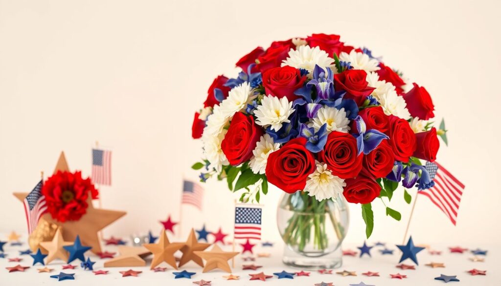 A vibrant patriotic arrangement, carefully curated against a crisp white background. In the foreground, an elegant glass vase overflows with a lush bouquet of crimson red roses, pristine white carnations, and deep blue irises. Surrounding the vase, a scattering of star-spangled accents - wooden stars, miniature flags, and metallic stars - create a festive, celebratory atmosphere. Warm, golden lighting illuminates the scene, casting a soft, inviting glow. The overall composition evokes a sense of national pride, perfectly capturing the spirit of July 4th. A vibrant patriotic arrangement, carefully curated against a crisp white background. In the foreground, an elegant glass vase overflows with a lush bouquet of crimson red roses, pristine white carnations, and deep blue irises. Surrounding the vase, a scattering of star-spangled accents - wooden stars, miniature flags, and metallic stars - create a festive, celebratory atmosphere. Warm, golden lighting illuminates the scene, casting a soft, inviting glow. The overall composition evokes a sense of national pride, perfectly capturing the spirit of July 4th.