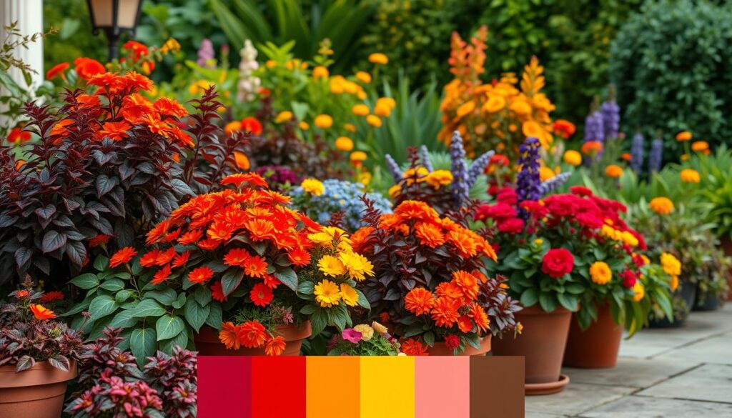 A vibrant seasonal garden color palette, brimming with lush foliage and blooming flowers. In the foreground, a captivating arrangement of potted plants in warm hues - reds, oranges, and deep yellows, creating a cozy, inviting atmosphere. The middle ground showcases a variety of complementary colors, with purple and blue accents adding depth and contrast. In the background, a harmonious blend of greens sets the stage, evoking a sense of natural tranquility. Soft, diffused lighting casts a warm, golden glow, accentuating the rich, saturated tones. The overall composition conveys a sense of seasonal charm and curb appeal, perfectly suited to inspire potted plant combinations for any time of year.