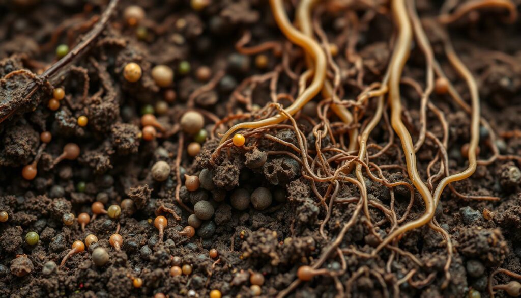 A vibrant soil cross-section under a crisp macro lens, capturing the intricate world of microbes, fungi, and worms. In the foreground, a swarm of diverse microbes - bacteria, archaea, and protists - thrive in the rich, dark humus. Intertwined fungal hyphae and networks of microscopic nematodes weave through the soil matrix, while earthworms burrow and aerate the earth. Soft, diffused lighting illuminates the scene, revealing the complex, symbiotic relationships that sustain the soil's living ecosystem. The overall mood is one of scientific wonder and appreciation for the hidden, yet vital, contributors to plant health and soil fertility. A vibrant soil cross-section under a crisp macro lens, capturing the intricate world of microbes, fungi, and worms. In the foreground, a swarm of diverse microbes - bacteria, archaea, and protists - thrive in the rich, dark humus. Intertwined fungal hyphae and networks of microscopic nematodes weave through the soil matrix, while earthworms burrow and aerate the earth. Soft, diffused lighting illuminates the scene, revealing the complex, symbiotic relationships that sustain the soil's living ecosystem. The overall mood is one of scientific wonder and appreciation for the hidden, yet vital, contributors to plant health and soil fertility.