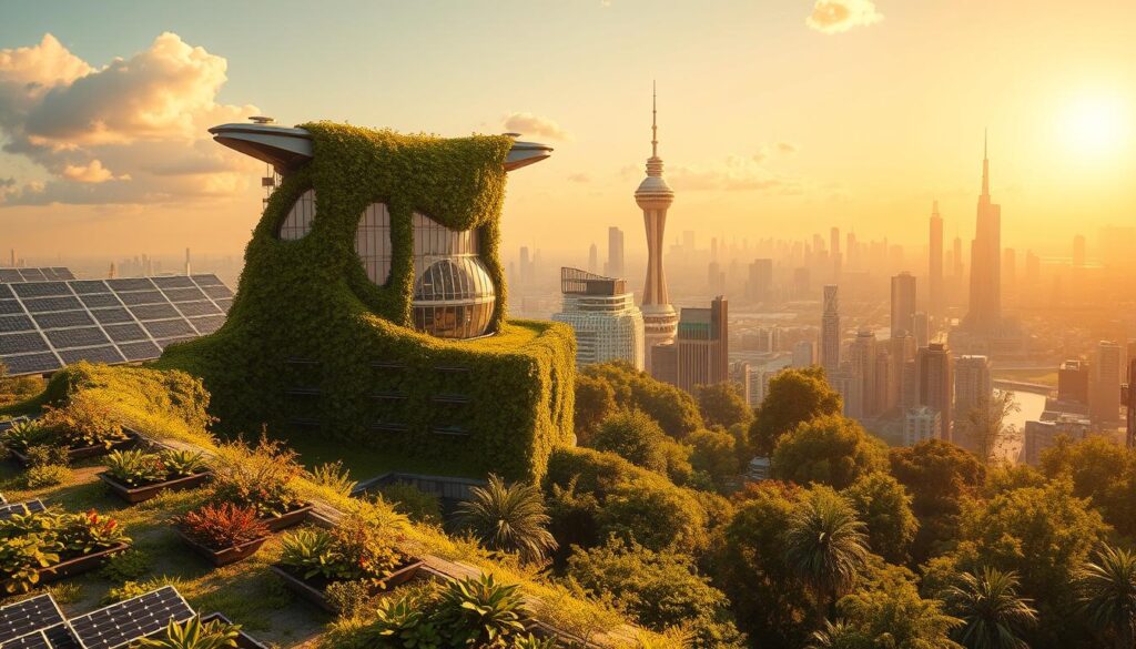 A vibrant solarpunk cityscape, bathed in golden sunlight and teeming with lush greenery. In the foreground, a sprawling rooftop garden thrives, its solar panels catching the sun's rays. Mid-ground, a sleek, futuristic building shimmers, its facade covered in verdant vines and intricate renewable energy systems. In the background, a skyline of towering eco-structures and hovering transportation networks stretches out, conveying a sense of technological harmony with nature. The scene radiates an atmosphere of hopeful progress, where sustainable innovation and environmental stewardship coexist in a vision of a brighter, more sustainable future.