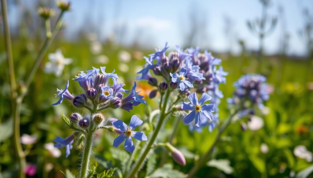A vibrant spring garden scene, with a focal point on a cluster of lush, blue-violet borage flowers in the foreground. The plants are shown in profile, with their delicate, star-shaped blossoms and fuzzy green leaves in sharp focus, illuminated by soft, diffuse natural light. The background depicts a verdant, uncluttered landscape, with hints of other flowering plants and a clear, blue sky above, creating a serene, tranquil atmosphere. Captured with a shallow depth of field using a macro lens, emphasizing the delicate beauty and intricate details of the borage blooms. A vibrant spring garden scene, with a focal point on a cluster of lush, blue-violet borage flowers in the foreground. The plants are shown in profile, with their delicate, star-shaped blossoms and fuzzy green leaves in sharp focus, illuminated by soft, diffuse natural light. The background depicts a verdant, uncluttered landscape, with hints of other flowering plants and a clear, blue sky above, creating a serene, tranquil atmosphere. Captured with a shallow depth of field using a macro lens, emphasizing the delicate beauty and intricate details of the borage blooms.