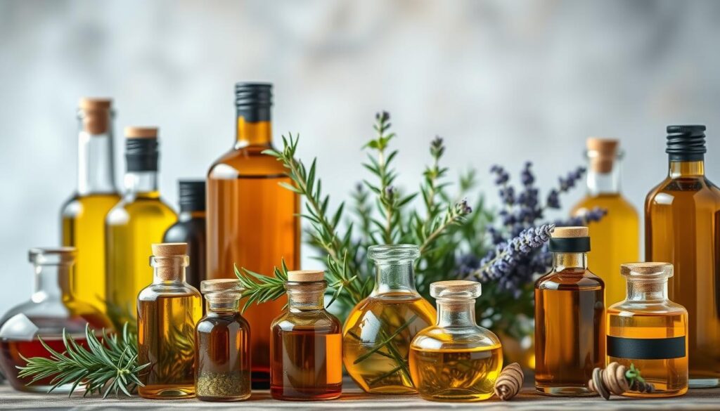 A vibrant still life arrangement showcasing an assortment of glass bottles filled with various plant oils. The foreground features a selection of glass bottles in varying shapes and sizes, their contents ranging from deep amber to golden hues, casting a warm, inviting glow. In the middle ground, lush, verdant sprigs of herbs, such as rosemary, thyme, and lavender, are delicately arranged, their delicate leaves and flowers adding a touch of natural elegance. The background is softly blurred, creating a serene and tranquil atmosphere, allowing the focus to remain on the central display of the plant oils. The lighting is soft and diffused, casting gentle shadows and highlighting the textures and sheen of the glass and oils. The overall composition conveys a sense of artisanal craftsmanship and the bounty of nature's essential ingredients. A vibrant still life arrangement showcasing an assortment of glass bottles filled with various plant oils. The foreground features a selection of glass bottles in varying shapes and sizes, their contents ranging from deep amber to golden hues, casting a warm, inviting glow. In the middle ground, lush, verdant sprigs of herbs, such as rosemary, thyme, and lavender, are delicately arranged, their delicate leaves and flowers adding a touch of natural elegance. The background is softly blurred, creating a serene and tranquil atmosphere, allowing the focus to remain on the central display of the plant oils. The lighting is soft and diffused, casting gentle shadows and highlighting the textures and sheen of the glass and oils. The overall composition conveys a sense of artisanal craftsmanship and the bounty of nature's essential ingredients.