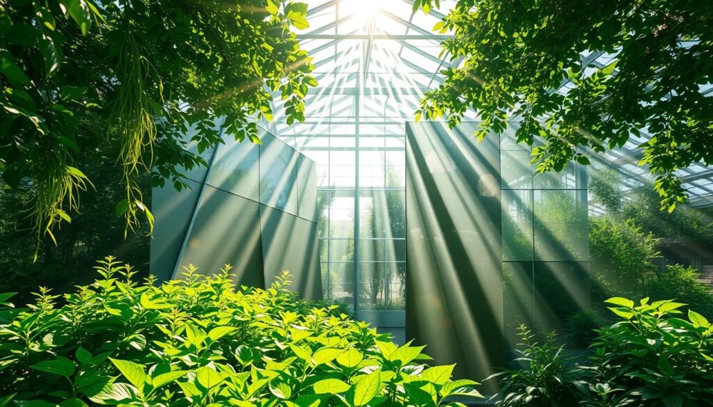A vibrant, sun-drenched greenhouse interior with lush greenery and cascading beams of light reflecting off the walls. In the foreground, a verdant array of thriving plants basking in the radiant illumination. The middle ground features strategically placed reflective panels, strategically angled to maximize the diffusion of natural light, creating a mesmerizing play of shadows and highlights. The background showcases the greenhouse's structure, with a towering glass ceiling that allows ample sunlight to flood the space. The overall atmosphere is one of warmth, vitality, and a sense of nature's abundant energy harnessed through the power of reflective surfaces. A vibrant, sun-drenched greenhouse interior with lush greenery and cascading beams of light reflecting off the walls. In the foreground, a verdant array of thriving plants basking in the radiant illumination. The middle ground features strategically placed reflective panels, strategically angled to maximize the diffusion of natural light, creating a mesmerizing play of shadows and highlights. The background showcases the greenhouse's structure, with a towering glass ceiling that allows ample sunlight to flood the space. The overall atmosphere is one of warmth, vitality, and a sense of nature's abundant energy harnessed through the power of reflective surfaces.