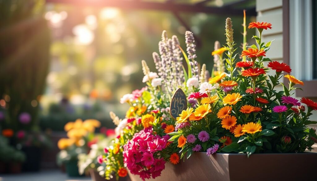A vibrant, well-designed potted garden against a blurred, sun-dappled background. In the foreground, a lush arrangement of colorful flowering plants and foliage in a sleek modern planter. The middle ground features a variety of complementary hues that create visual harmony, while the background showcases a glimpse of a tranquil outdoor setting with soft, warm lighting. The overall composition radiates a sense of balance, depth, and artistic sophistication, perfectly encapsulating the essence of "Pro tips to refine your container color combinations".