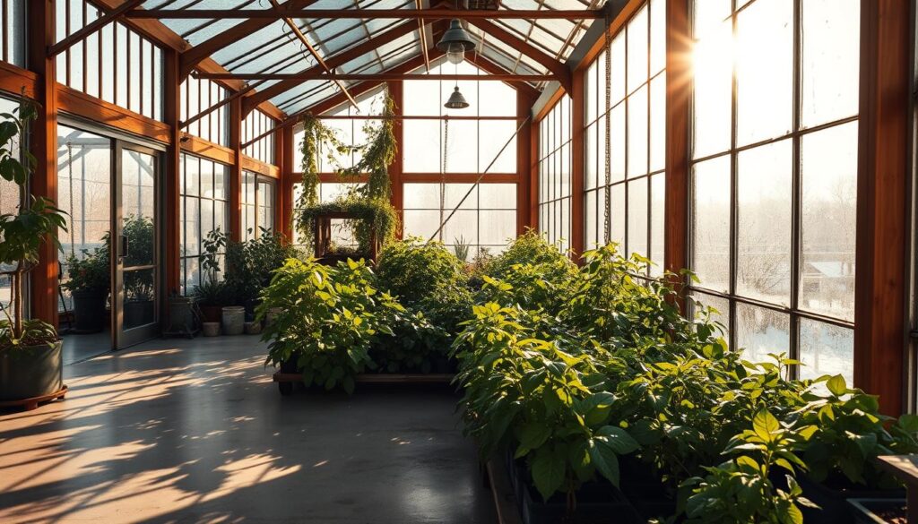 A warm, cozy greenhouse bathed in soft, diffused winter sunlight streaming through large, frost-covered windows. The interior is filled with lush greenery, verdant plants thriving despite the chilly season outside. Delicate shadows dance across the polished concrete floor, hinting at the gentle movement of the air. Wooden beams and metal accents create a harmonious, industrial-chic aesthetic, complementing the natural elements. The atmosphere is serene, inviting, and exudes a sense of peaceful productivity - a haven for plants and gardeners alike, sheltered from the harsh winter elements.