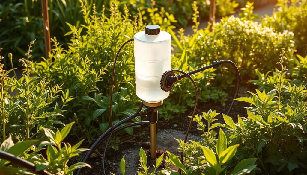 A well-designed DIY irrigation system, featuring a central water reservoir connected to a network of hoses and drip emitters. The scene is set in a lush, verdant garden, with the sunlight casting a warm, golden glow across the landscape. The irrigation system is prominently displayed, its components neatly arranged and integrated seamlessly into the garden's design. The overall atmosphere conveys a sense of efficiency, practicality, and self-sufficiency, perfectly suited for the "Garden Tools You Can Build or Modify at Home" article and the "Build a Simple DIY Irrigation System That Waters While You Rest" section. A well-designed DIY irrigation system, featuring a central water reservoir connected to a network of hoses and drip emitters. The scene is set in a lush, verdant garden, with the sunlight casting a warm, golden glow across the landscape. The irrigation system is prominently displayed, its components neatly arranged and integrated seamlessly into the garden's design. The overall atmosphere conveys a sense of efficiency, practicality, and self-sufficiency, perfectly suited for the "Garden Tools You Can Build or Modify at Home" article and the "Build a Simple DIY Irrigation System That Waters While You Rest" section.