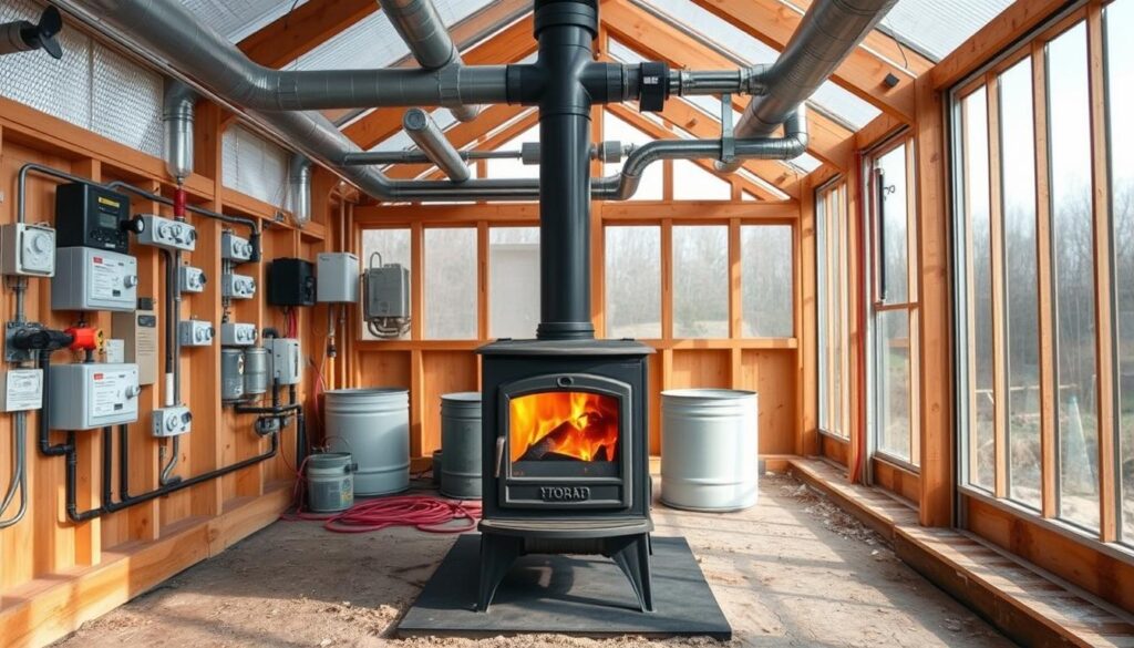 A well-designed, energy-efficient heating system for a greenhouse, with a focus on safety and sustainability. The foreground features a central wood-burning stove, its cast iron body gleaming in the warm lighting. Surrounding it, an array of thermostats, air circulation fans, and insulated ductwork, precisely engineered to distribute heat evenly throughout the space. In the middle ground, an array of thermal mass storage solutions, such as water barrels or phase-change materials, capturing and releasing heat as needed. The background showcases the greenhouse structure, with its sturdy timber frame and insulated glass panels, allowing ample natural light to filter in. The overall scene conveys a sense of thoughtful, integrated design, balancing function, aesthetics, and environmental considerations. A well-designed, energy-efficient heating system for a greenhouse, with a focus on safety and sustainability. The foreground features a central wood-burning stove, its cast iron body gleaming in the warm lighting. Surrounding it, an array of thermostats, air circulation fans, and insulated ductwork, precisely engineered to distribute heat evenly throughout the space. In the middle ground, an array of thermal mass storage solutions, such as water barrels or phase-change materials, capturing and releasing heat as needed. The background showcases the greenhouse structure, with its sturdy timber frame and insulated glass panels, allowing ample natural light to filter in. The overall scene conveys a sense of thoughtful, integrated design, balancing function, aesthetics, and environmental considerations.