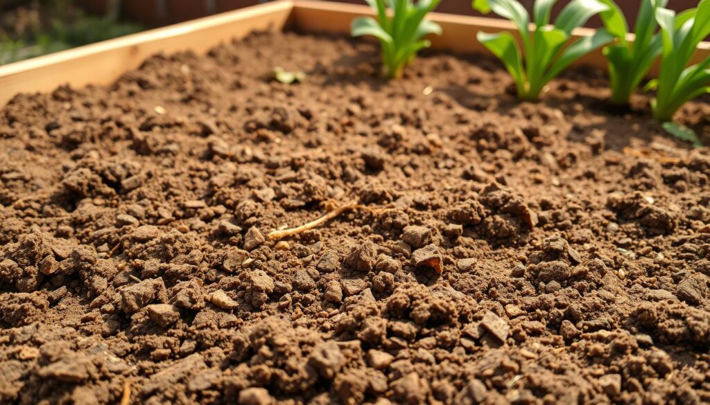 A well-draining, raised garden bed filled with a rich, fluffy soil mixture. The foreground showcases a close-up view of the soil's texture, with visible air pockets and organic matter interspersed throughout. In the middle ground, healthy plant roots emerge from the soil, indicating robust aeration and drainage. The background reveals a neatly arranged raised bed, with clean wooden edges and a natural, earthy color palette. Warm, diffused lighting casts a soft glow, highlighting the bed's inviting texture and the verdant greenery of the plants. The overall scene conveys a sense of healthy, thriving growth and a harmonious balance between the soil, roots, and the surrounding environment. A well-draining, raised garden bed filled with a rich, fluffy soil mixture. The foreground showcases a close-up view of the soil's texture, with visible air pockets and organic matter interspersed throughout. In the middle ground, healthy plant roots emerge from the soil, indicating robust aeration and drainage. The background reveals a neatly arranged raised bed, with clean wooden edges and a natural, earthy color palette. Warm, diffused lighting casts a soft glow, highlighting the bed's inviting texture and the verdant greenery of the plants. The overall scene conveys a sense of healthy, thriving growth and a harmonious balance between the soil, roots, and the surrounding environment.