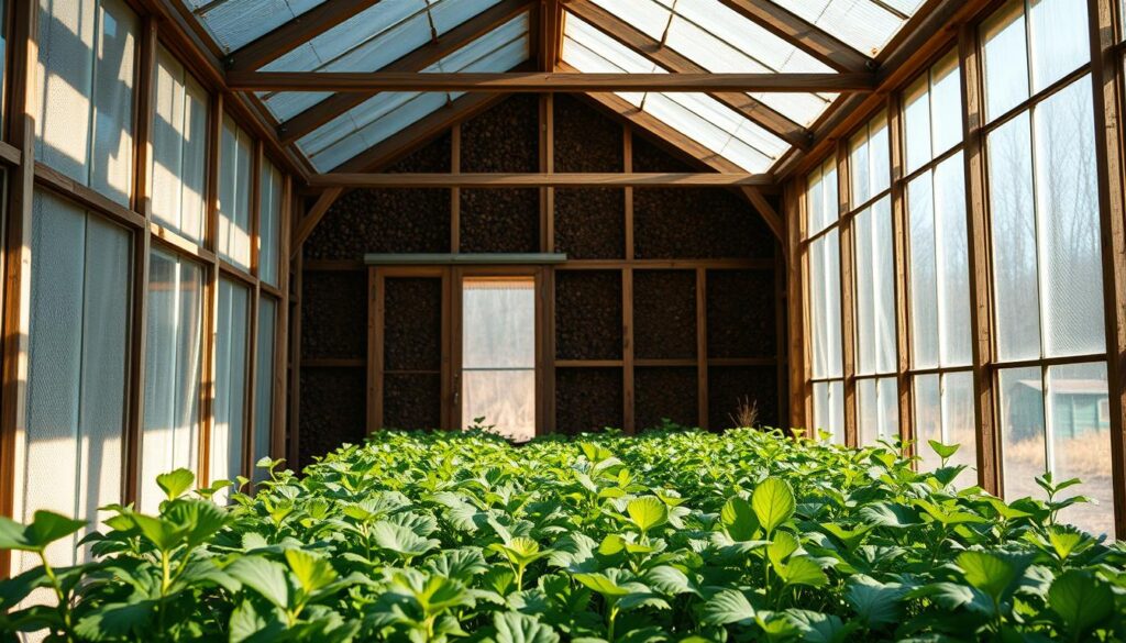 A well-insulated greenhouse, its interior aglow with the radiant heat of a custom-built hotbed compost system. The rich, earthy aroma of decomposing organic matter fills the air, providing a natural, sustainable source of warmth. Sunlight streams through the glass panes, illuminating the lush greenery within. In the foreground, a verdant selection of winter-hardy crops thrives, their leaves gently swaying. Beyond, the greenhouse's sturdy frame and weathered wooden beams suggest a rustic, off-grid charm. The overall scene conveys a sense of self-sufficiency, where innovative eco-friendly solutions converge to create a thriving, year-round growing environment. A well-insulated greenhouse, its interior aglow with the radiant heat of a custom-built hotbed compost system. The rich, earthy aroma of decomposing organic matter fills the air, providing a natural, sustainable source of warmth. Sunlight streams through the glass panes, illuminating the lush greenery within. In the foreground, a verdant selection of winter-hardy crops thrives, their leaves gently swaying. Beyond, the greenhouse's sturdy frame and weathered wooden beams suggest a rustic, off-grid charm. The overall scene conveys a sense of self-sufficiency, where innovative eco-friendly solutions converge to create a thriving, year-round growing environment.