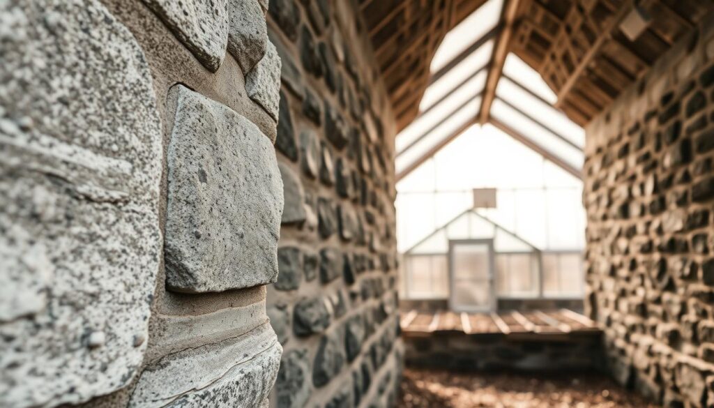 A well-insulated greenhouse with thick stone walls, showcasing the thermal mass properties that help retain heat. The foreground depicts a section of the wall, with visible textured masonry and mortar, while the middle ground reveals the overall structure - a sturdy, angular greenhouse design. The background features a serene, overcast sky, casting a soft, diffused light that enhances the thermal mass materials. The scene conveys a sense of efficient, off-grid heating, with the thermal mass elements playing a crucial role in maintaining a comfortable greenhouse environment. A well-insulated greenhouse with thick stone walls, showcasing the thermal mass properties that help retain heat. The foreground depicts a section of the wall, with visible textured masonry and mortar, while the middle ground reveals the overall structure - a sturdy, angular greenhouse design. The background features a serene, overcast sky, casting a soft, diffused light that enhances the thermal mass materials. The scene conveys a sense of efficient, off-grid heating, with the thermal mass elements playing a crucial role in maintaining a comfortable greenhouse environment.