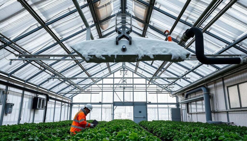 A well-lit and organized greenhouse interior, with a focus on safety features. In the foreground, workers in protective gear carefully tend to plants, while monitoring instrumentation panels and ensuring proper ventilation. The middle ground showcases a sturdy, snow-clearing mechanism mounted on the greenhouse roof, ready to handle harsh winter weather. The background features insulated walls, strategically placed heating elements, and a water management system to prevent freezing. The overall scene conveys a sense of controlled environment, meticulous attention to detail, and a dedication to maintaining optimal growing conditions even in the most challenging conditions.