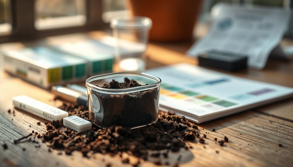 A well-lit close-up of a professional soil testing kit laid out on a wooden surface. The kit includes a transparent soil sample container, a set of test strips, and a color-coded guide. The foreground is in sharp focus, while the background is softly blurred, creating a sense of depth. The lighting is natural and diffused, casting warm tones and gentle shadows that accentuate the textures of the materials. The overall mood is one of scientific precision and practical utility, inviting the viewer to engage with the kit and the process of soil analysis. A well-lit close-up of a professional soil testing kit laid out on a wooden surface. The kit includes a transparent soil sample container, a set of test strips, and a color-coded guide. The foreground is in sharp focus, while the background is softly blurred, creating a sense of depth. The lighting is natural and diffused, casting warm tones and gentle shadows that accentuate the textures of the materials. The overall mood is one of scientific precision and practical utility, inviting the viewer to engage with the kit and the process of soil analysis.