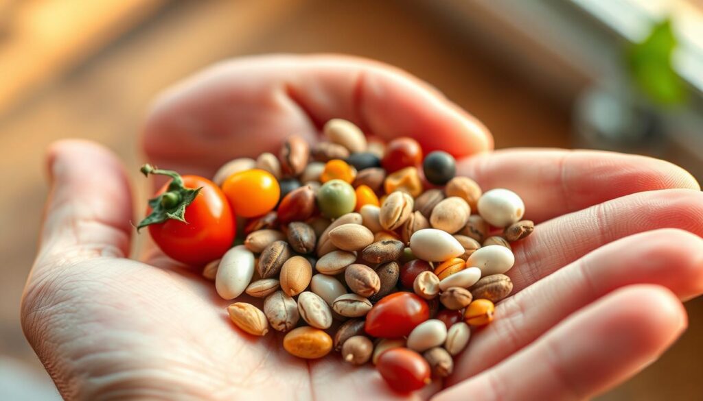 A well-lit, close-up view of an open palm gently cradling a variety of heirloom vegetable seeds in different shapes, sizes and colors - including tomato, pepper, squash and bean seeds. The seeds are arranged in a carefully composed, visually appealing pattern, with a soft, shallow depth of field blurring the background. Warm, natural lighting illuminates the delicate details of the seeds, highlighting their intricate textures and subtle hues. The composition conveys a sense of reverence and care for these precious, open-pollinated plant gifts, ready to be saved and sown for future bountiful harvests. A well-lit, close-up view of an open palm gently cradling a variety of heirloom vegetable seeds in different shapes, sizes and colors - including tomato, pepper, squash and bean seeds. The seeds are arranged in a carefully composed, visually appealing pattern, with a soft, shallow depth of field blurring the background. Warm, natural lighting illuminates the delicate details of the seeds, highlighting their intricate textures and subtle hues. The composition conveys a sense of reverence and care for these precious, open-pollinated plant gifts, ready to be saved and sown for future bountiful harvests.