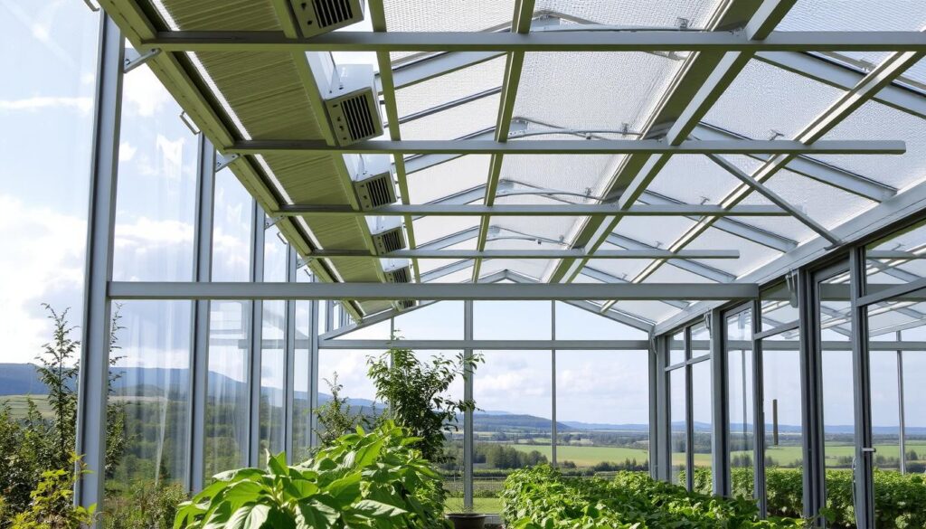 A well-lit, contemporary greenhouse structure with sleek, modular panels of double-glazed glass or polycarbonate. The frame is made of durable, weather-resistant aluminum, and the roof features automated vents and skylights to control temperature and airflow. In the foreground, a variety of thriving plants and lush foliage, while the background showcases a scenic, rural landscape. The overall design emphasizes energy efficiency, year-round climate control, and seamless integration with the outdoor environment. A well-lit, contemporary greenhouse structure with sleek, modular panels of double-glazed glass or polycarbonate. The frame is made of durable, weather-resistant aluminum, and the roof features automated vents and skylights to control temperature and airflow. In the foreground, a variety of thriving plants and lush foliage, while the background showcases a scenic, rural landscape. The overall design emphasizes energy efficiency, year-round climate control, and seamless integration with the outdoor environment.