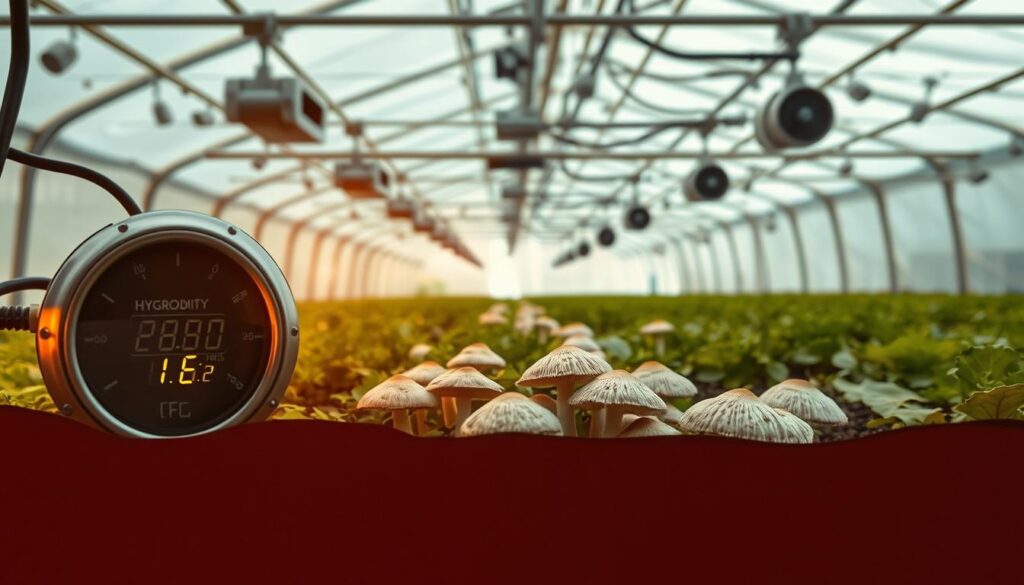 A well-lit, cross-sectional view of a greenhouse interior, showcasing the intricate dance between humidity, temperature, and air circulation. The foreground features a hygrometer displaying precise humidity levels, its digital readout casting a soft glow. In the middle ground, delicate mushroom caps emerge from lush, moist soil, their growth enhanced by the carefully controlled environment. The background depicts a network of vents, fans, and strategically placed sensors, all working in harmony to maintain the ideal conditions for mushroom cultivation. The lighting is warm and diffused, creating a sense of balance and serenity, as if inviting the viewer to step into this meticulously engineered horticultural haven. A well-lit, cross-sectional view of a greenhouse interior, showcasing the intricate dance between humidity, temperature, and air circulation. The foreground features a hygrometer displaying precise humidity levels, its digital readout casting a soft glow. In the middle ground, delicate mushroom caps emerge from lush, moist soil, their growth enhanced by the carefully controlled environment. The background depicts a network of vents, fans, and strategically placed sensors, all working in harmony to maintain the ideal conditions for mushroom cultivation. The lighting is warm and diffused, creating a sense of balance and serenity, as if inviting the viewer to step into this meticulously engineered horticultural haven.