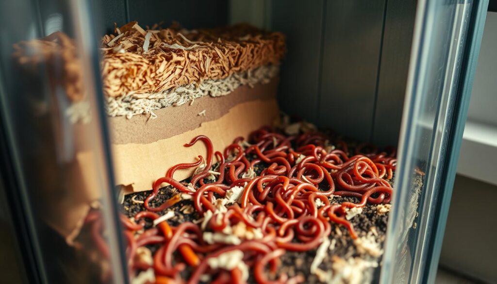 A well-lit, detailed closeup view of a vermicomposting worm bin, showcasing its internal structure. The bin is made of sturdy plastic or wood, with transparent panels on the sides to observe the worms at work. The foreground features a diverse population of red wiggler worms (Eisenia fetida) actively decomposing organic matter like vegetable scraps and shredded paper. The middle ground shows the layered bedding materials, including moist coconut coir, shredded cardboard, and a healthy layer of compost. The background depicts the bin's compact, space-saving design, suitable for a small apartment or balcony. The overall mood is one of natural, efficient composting, highlighting the simplicity and effectiveness of this sustainable small-space solution. A well-lit, detailed closeup view of a vermicomposting worm bin, showcasing its internal structure. The bin is made of sturdy plastic or wood, with transparent panels on the sides to observe the worms at work. The foreground features a diverse population of red wiggler worms (Eisenia fetida) actively decomposing organic matter like vegetable scraps and shredded paper. The middle ground shows the layered bedding materials, including moist coconut coir, shredded cardboard, and a healthy layer of compost. The background depicts the bin's compact, space-saving design, suitable for a small apartment or balcony. The overall mood is one of natural, efficient composting, highlighting the simplicity and effectiveness of this sustainable small-space solution.