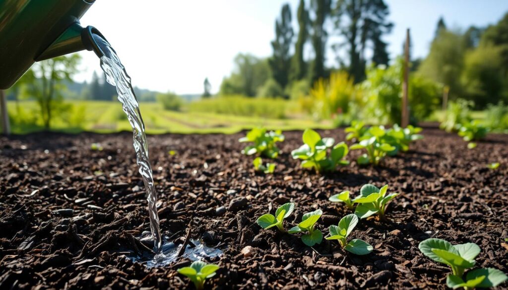 A well-lit garden scene, with lush, dark-brown mulch covering the soil. In the foreground, water gently cascading from a watering can, soaking into the mulch. The middle ground features a thriving vegetable patch, with vibrant green leaves and healthy plants. In the background, a verdant landscape with towering trees and a clear, blue sky, conveying a sense of serenity and environmental harmony. The overall atmosphere is one of calm, sustainable gardening practices, where water conservation and soil health are prioritized. A well-lit garden scene, with lush, dark-brown mulch covering the soil. In the foreground, water gently cascading from a watering can, soaking into the mulch. The middle ground features a thriving vegetable patch, with vibrant green leaves and healthy plants. In the background, a verdant landscape with towering trees and a clear, blue sky, conveying a sense of serenity and environmental harmony. The overall atmosphere is one of calm, sustainable gardening practices, where water conservation and soil health are prioritized.