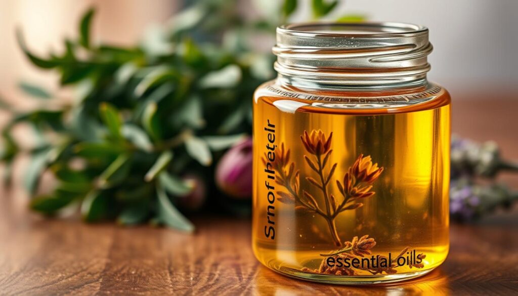 A well-lit glass jar filled with clear, golden-hued essential oils, resting on a wooden table. The oils have a rich, earthy aroma, with subtle floral notes. The jar's label showcases the plant source, such as lavender or rosemary. In the background, a soft, blurred arrangement of fresh herbs and leaves, hinting at the plant's natural origins. The lighting casts a warm, inviting glow, emphasizing the purity and quality of the post-extraction oils. The composition conveys a sense of tranquility, professionalism, and the care taken in the extraction and presentation of these natural, aromatic oils. A well-lit glass jar filled with clear, golden-hued essential oils, resting on a wooden table. The oils have a rich, earthy aroma, with subtle floral notes. The jar's label showcases the plant source, such as lavender or rosemary. In the background, a soft, blurred arrangement of fresh herbs and leaves, hinting at the plant's natural origins. The lighting casts a warm, inviting glow, emphasizing the purity and quality of the post-extraction oils. The composition conveys a sense of tranquility, professionalism, and the care taken in the extraction and presentation of these natural, aromatic oils.