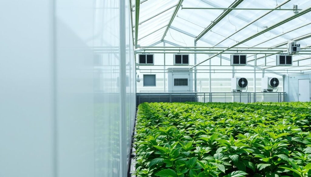 A well-lit greenhouse interior with a focus on heat management. In the foreground, a reflective white wall panels diffusing natural sunlight evenly throughout the space. In the middle ground, lush green plants thriving under the optimal lighting conditions. The background features a controlled climate system, with vents and fans ensuring proper air circulation and temperature regulation. The overall mood is one of scientific precision and horticultural harmony, showcasing how strategic use of reflective surfaces can optimize plant growth without excessive heat buildup. A well-lit greenhouse interior with a focus on heat management. In the foreground, a reflective white wall panels diffusing natural sunlight evenly throughout the space. In the middle ground, lush green plants thriving under the optimal lighting conditions. The background features a controlled climate system, with vents and fans ensuring proper air circulation and temperature regulation. The overall mood is one of scientific precision and horticultural harmony, showcasing how strategic use of reflective surfaces can optimize plant growth without excessive heat buildup.