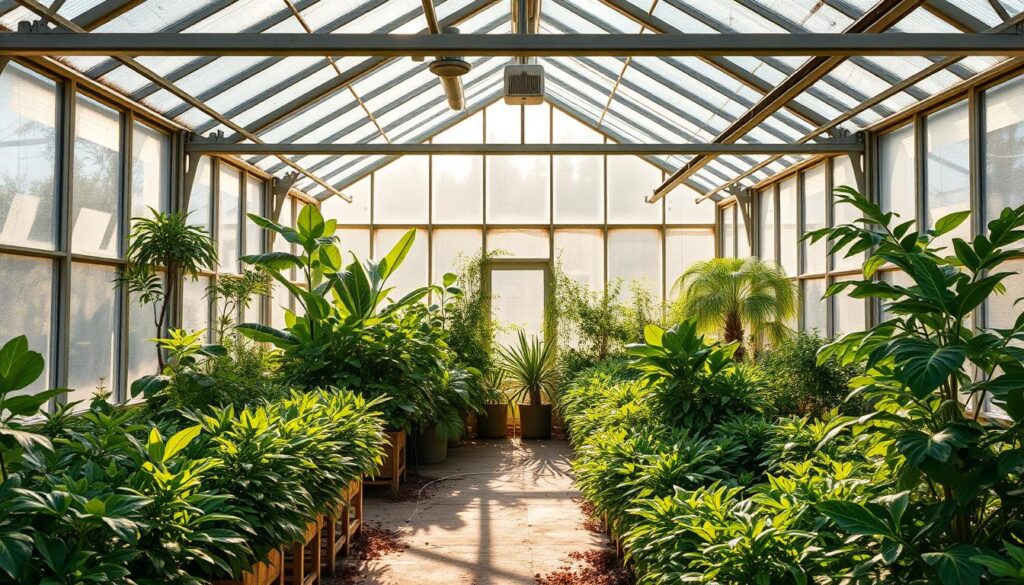 A well-lit greenhouse with ample natural illumination, bathed in warm, diffused sunlight filtering through translucent glass panels. Verdant plants thriving amid a balanced, humid environment, their lush foliage gently swaying in a soft, circulating breeze. The interior is spacious and airy, with strategic ventilation systems maintaining optimal air flow. Elegant architectural design seamlessly integrates the structure into its natural surroundings, creating a harmonious, serene oasis for cultivating diverse flora through the harshest of winters.