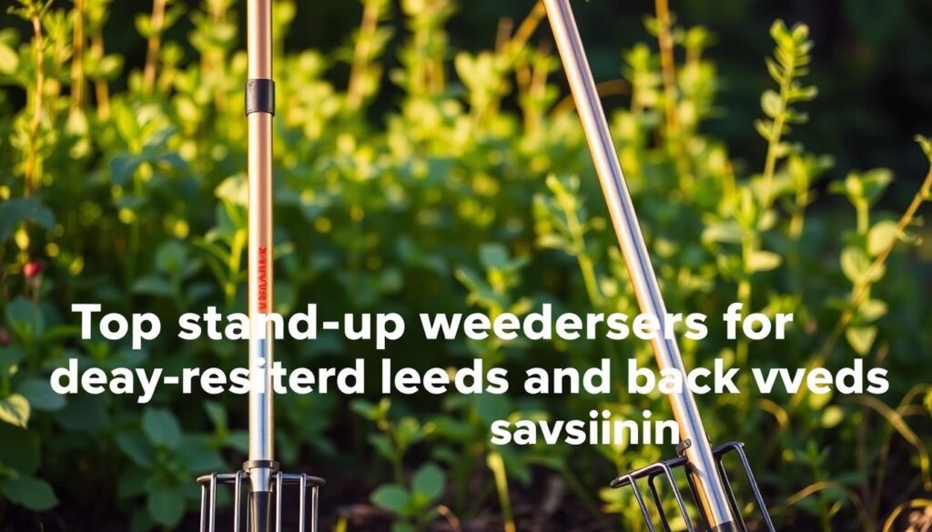 A well-lit, high-resolution image of two stand-up weeders with long handles, standing upright in a garden setting with lush greenery in the background. The weeders have sturdy metal frames and comfortable ergonomic grips, designed to efficiently remove deep-rooted weeds with minimal strain on the user's back. The weeders are positioned at an angle, creating a dynamic, eye-catching composition. Soft, warm lighting from the side illuminates the tools, highlighting their practical, functional design. The image conveys a sense of productivity and effortless weed removal, complementing the section title "Top stand-up weeders for deep-rooted weeds and back-saving reach". A well-lit, high-resolution image of two stand-up weeders with long handles, standing upright in a garden setting with lush greenery in the background. The weeders have sturdy metal frames and comfortable ergonomic grips, designed to efficiently remove deep-rooted weeds with minimal strain on the user's back. The weeders are positioned at an angle, creating a dynamic, eye-catching composition. Soft, warm lighting from the side illuminates the tools, highlighting their practical, functional design. The image conveys a sense of productivity and effortless weed removal, complementing the section title "Top stand-up weeders for deep-rooted weeds and back-saving reach".