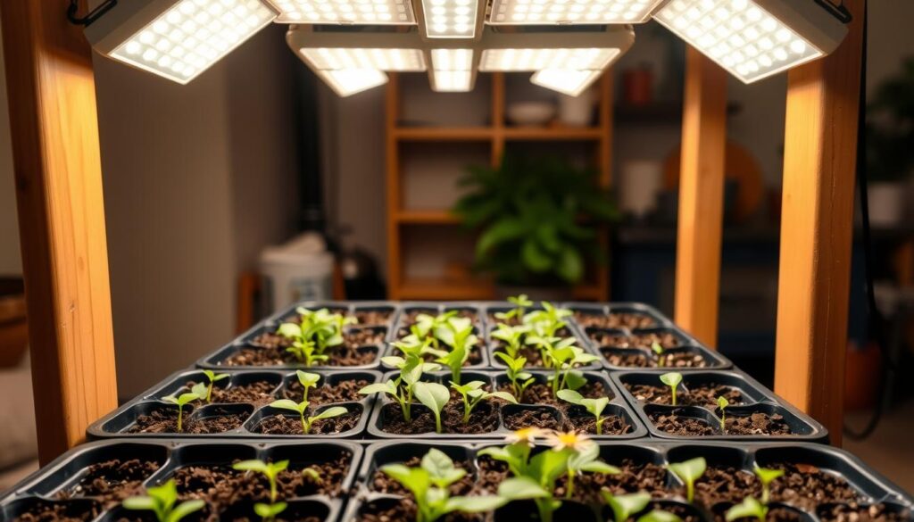 A well-lit indoor seed-starting setup with a wooden or metal shelving unit, several high-intensity grow lights positioned above the trays of soil-filled seed starting containers. The lights are angled to provide even, broad coverage across the entire growing area. The scene has a warm, inviting glow from the full-spectrum LED bulbs, illuminating the lush green sprouts and encouraging healthy plant growth. The foreground shows the robust seedlings of lavender, chamomile, and calendula emerging from the nutrient-rich soil, while the background fades into a softly blurred domestic setting, suggesting this is a dedicated gardening or hobby space. A well-lit indoor seed-starting setup with a wooden or metal shelving unit, several high-intensity grow lights positioned above the trays of soil-filled seed starting containers. The lights are angled to provide even, broad coverage across the entire growing area. The scene has a warm, inviting glow from the full-spectrum LED bulbs, illuminating the lush green sprouts and encouraging healthy plant growth. The foreground shows the robust seedlings of lavender, chamomile, and calendula emerging from the nutrient-rich soil, while the background fades into a softly blurred domestic setting, suggesting this is a dedicated gardening or hobby space.