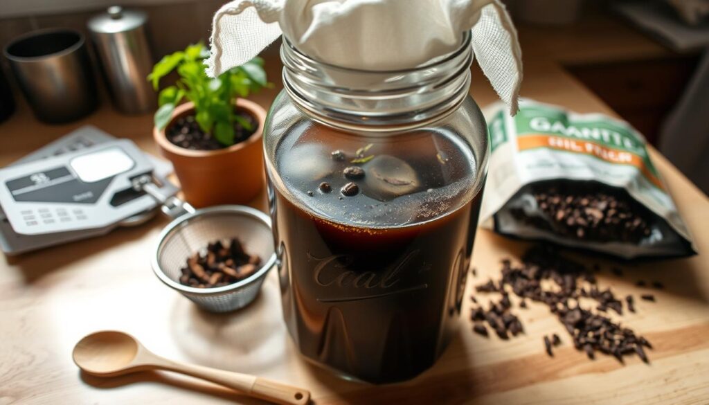 A well-lit kitchen counter with a large glass jar filled with steaming compost tea, surrounded by various gardening tools and ingredients such as a mesh strainer, a wooden spoon, and a bag of compost. The jar has a cheesecloth cover, and a few small leaves or herbs float in the dark, nutrient-rich liquid. The scene is captured with a slightly overhead angle, using a wide-angle lens to showcase the entire setup. The mood is one of experimentation and anticipation, as if the viewer is about to embark on a gardening project. A well-lit kitchen counter with a large glass jar filled with steaming compost tea, surrounded by various gardening tools and ingredients such as a mesh strainer, a wooden spoon, and a bag of compost. The jar has a cheesecloth cover, and a few small leaves or herbs float in the dark, nutrient-rich liquid. The scene is captured with a slightly overhead angle, using a wide-angle lens to showcase the entire setup. The mood is one of experimentation and anticipation, as if the viewer is about to embark on a gardening project.