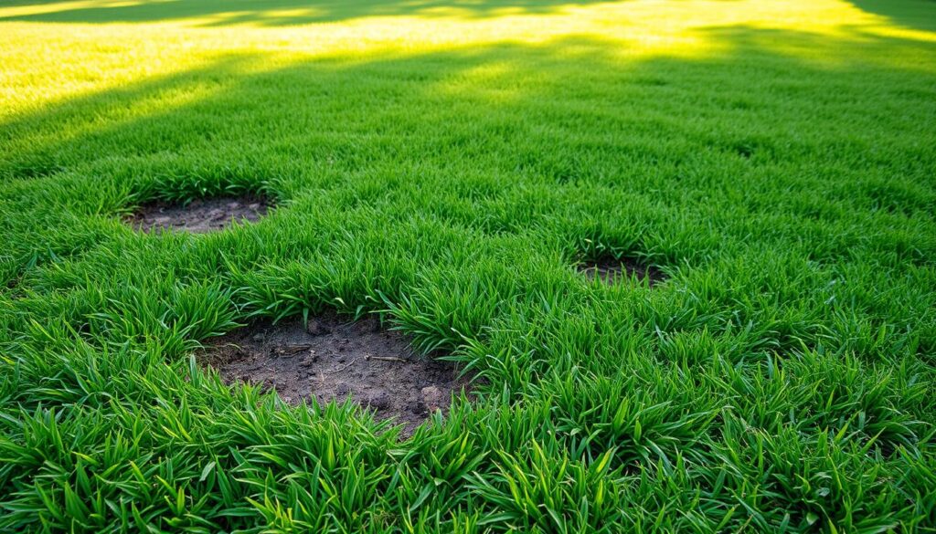 A well-lit lawn with varying shades of green grass, revealing a few distinct bare patches in the foreground. The patches appear irregular in shape, with exposed soil and sparse vegetation. A mid-range, slightly elevated angle captures the scene, allowing the viewer to observe the overall lawn texture and the contrast between the healthy and damaged areas. The lighting is warm and natural, casting soft shadows that accentuate the lawn's uneven terrain. The background is blurred, keeping the focus on the prominent bare spots in the middle ground.
