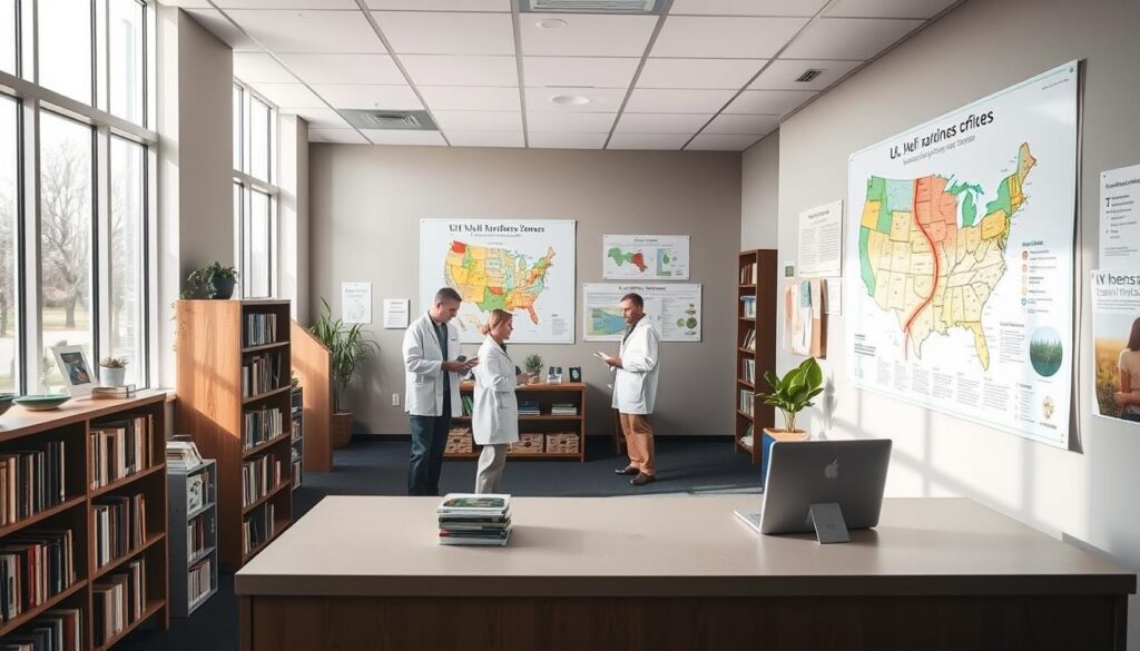 A well-lit, modern extension office interior with natural lighting streaming through large windows. A reception desk in the foreground, flanked by bookshelves and informational displays. In the middle ground, a team of agricultural experts in lab coats examining soil samples and consulting reference materials. The background features a wall-mounted map of the local USDA plant hardiness zones, complemented by educational charts and diagrams. The overall atmosphere conveys a sense of scientific expertise, community engagement, and a dedication to providing valuable gardening resources to the public.