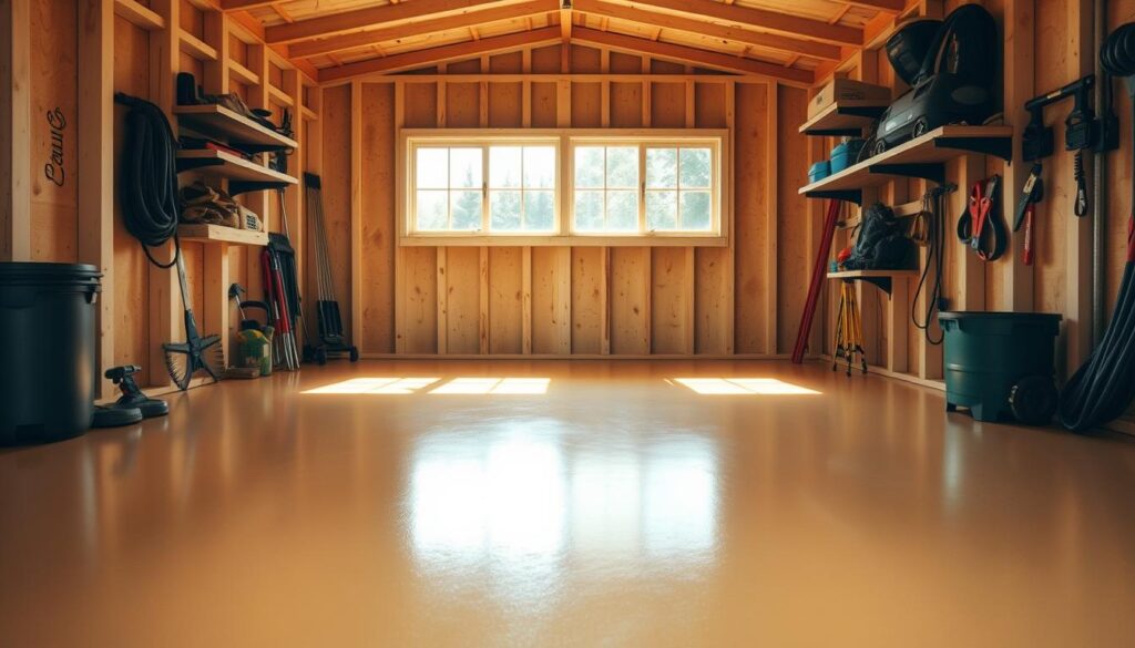A well-lit, spacious garden shed interior with a durable, easy-to-clean epoxy floor. The floor is a smooth, glossy surface in a warm, neutral tone, reflecting the natural light streaming in through the windows. The floor's surface is free of any blemishes or uneven textures, creating a clean, organized appearance. The lighting is bright and evenly distributed, with a slight warm hue that enhances the overall ambiance. The camera angle is slightly elevated, providing a clear view of the entire floor and its seamless integration with the shed's design. The mood is one of practicality and functionality, with the floor serving as a reliable foundation for storing and organizing tools and supplies.