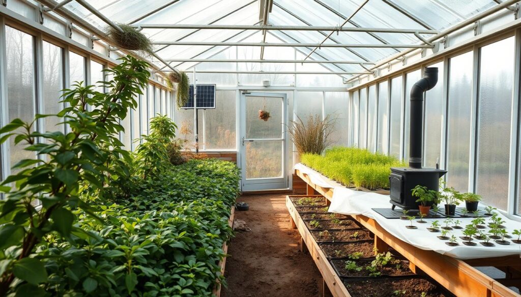 A well-lit, spacious greenhouse with a functional interior design, showcasing a variety of thriving plants and crops suited for the local climate. The greenhouse features large windows that allow ample natural light to flood the space, creating a warm and inviting atmosphere. Strategically placed heating elements, such as solar panels or a wood-burning stove, are visible, demonstrating the off-grid heating solutions used to maintain the optimal growing environment. The layout is organized, with designated areas for different crop types, ensuring efficient use of the available space. The overall scene conveys a sense of productivity, sustainability, and a harmonious integration of the greenhouse within the surrounding natural landscape. A well-lit, spacious greenhouse with a functional interior design, showcasing a variety of thriving plants and crops suited for the local climate. The greenhouse features large windows that allow ample natural light to flood the space, creating a warm and inviting atmosphere. Strategically placed heating elements, such as solar panels or a wood-burning stove, are visible, demonstrating the off-grid heating solutions used to maintain the optimal growing environment. The layout is organized, with designated areas for different crop types, ensuring efficient use of the available space. The overall scene conveys a sense of productivity, sustainability, and a harmonious integration of the greenhouse within the surrounding natural landscape.