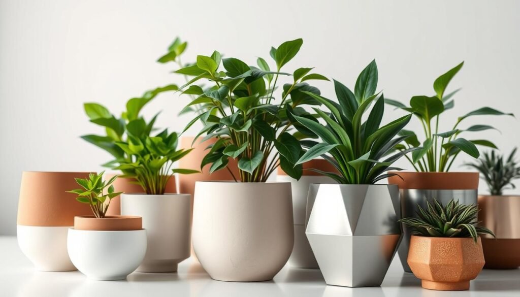 A well-lit studio interior with an assortment of modern, minimalist planters in the foreground. The planters are arranged in a visually pleasing composition, showcasing a variety of shapes, sizes, and materials - ceramic, terracotta, and sleek metal. The middle ground features lush, thriving houseplants in the planters, their leaves casting soft shadows. The background is blurred, allowing the focus to remain on the planters and the plants. The lighting is soft and diffused, creating a calming, aspirational atmosphere that highlights the beauty and versatility of these container gardening essentials. A well-lit studio interior with an assortment of modern, minimalist planters in the foreground. The planters are arranged in a visually pleasing composition, showcasing a variety of shapes, sizes, and materials - ceramic, terracotta, and sleek metal. The middle ground features lush, thriving houseplants in the planters, their leaves casting soft shadows. The background is blurred, allowing the focus to remain on the planters and the plants. The lighting is soft and diffused, creating a calming, aspirational atmosphere that highlights the beauty and versatility of these container gardening essentials.