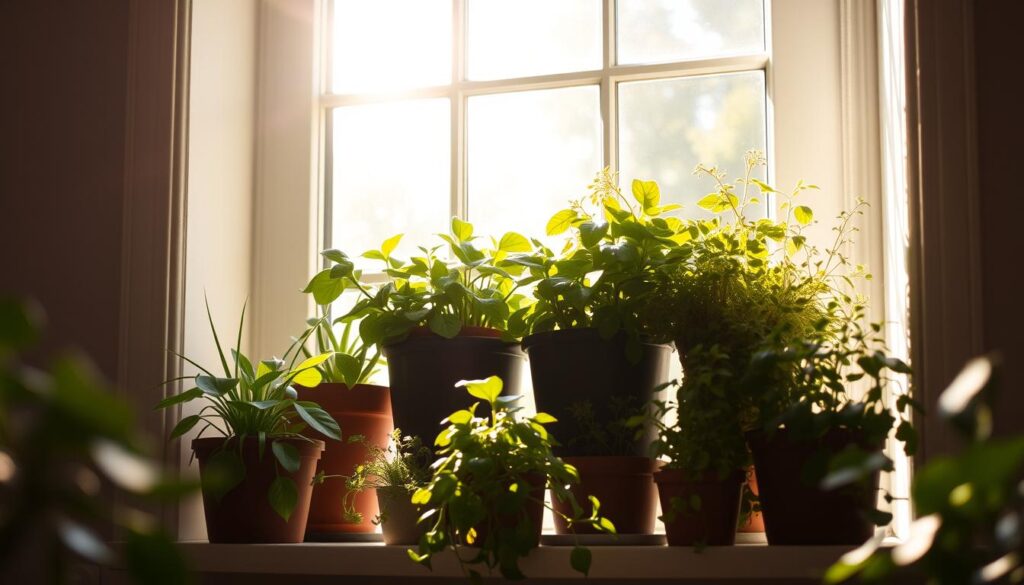 A well-lit windowsill with a variety of potted plants, including leafy greens, succulents, and herbs. The plants are positioned to capture the optimal amount of natural sunlight streaming in through the window, creating a warm, inviting atmosphere. The image is captured from a low angle, emphasizing the lush foliage and the play of light and shadow across the plants. The background is blurred, keeping the focus on the plants and the assessment of their lighting and sun exposure needs. A well-lit windowsill with a variety of potted plants, including leafy greens, succulents, and herbs. The plants are positioned to capture the optimal amount of natural sunlight streaming in through the window, creating a warm, inviting atmosphere. The image is captured from a low angle, emphasizing the lush foliage and the play of light and shadow across the plants. The background is blurred, keeping the focus on the plants and the assessment of their lighting and sun exposure needs.