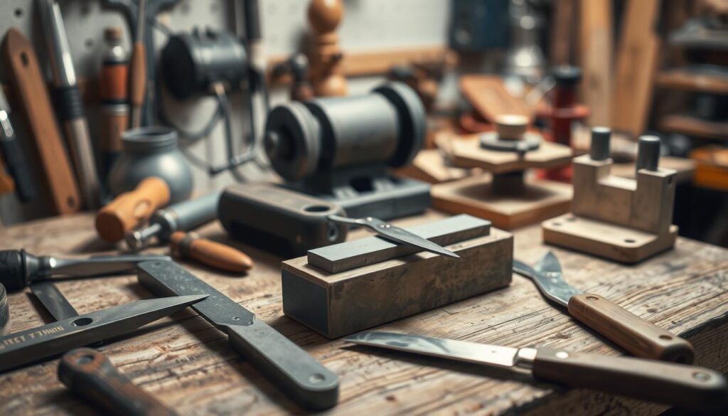 A well-lit workshop scene, showcasing an assortment of sharpening tools. In the foreground, a variety of hand tools, including a sharpening stone, file, and honing steel, are arranged neatly on a weathered wooden workbench. The middle ground features a high-contrast image of a pair of sharp scissors being carefully sharpened with a sharpening stone, capturing the focus and precision required. In the background, a soft-focus display of additional sharpening tools, such as a bench grinder and a sharpening jig, suggests the range of options available for effectively maintaining and restoring the edge of a variety of cutting implements. The overall scene conveys a sense of order, simplicity, and the satisfaction of a well-executed sharpening process. A well-lit workshop scene, showcasing an assortment of sharpening tools. In the foreground, a variety of hand tools, including a sharpening stone, file, and honing steel, are arranged neatly on a weathered wooden workbench. The middle ground features a high-contrast image of a pair of sharp scissors being carefully sharpened with a sharpening stone, capturing the focus and precision required. In the background, a soft-focus display of additional sharpening tools, such as a bench grinder and a sharpening jig, suggests the range of options available for effectively maintaining and restoring the edge of a variety of cutting implements. The overall scene conveys a sense of order, simplicity, and the satisfaction of a well-executed sharpening process.