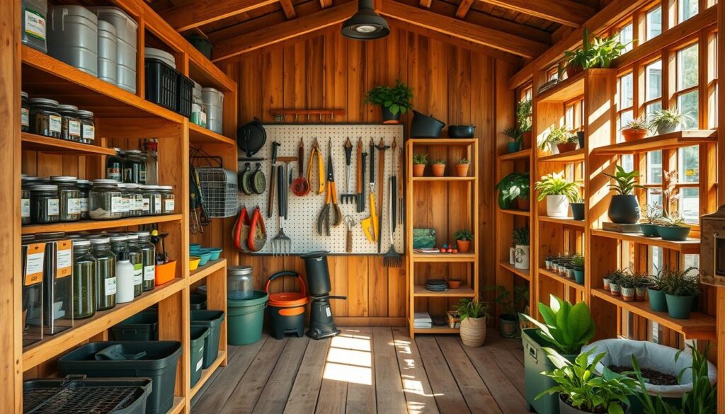 A well-organized and functional garden shed interior, flooded with warm, natural light. In the foreground, a set of sturdy wooden shelves adorned with a variety of labeled storage bins and jars, neatly arranged. The middle ground features a pegboard system with hooks, holding various gardening tools and accessories. In the background, open shelving units made of rustic wood planks, displaying potted plants, garden supplies, and other neatly organized items. The scene conveys a sense of order, efficiency, and a harmonious blend of utility and aesthetic appeal.