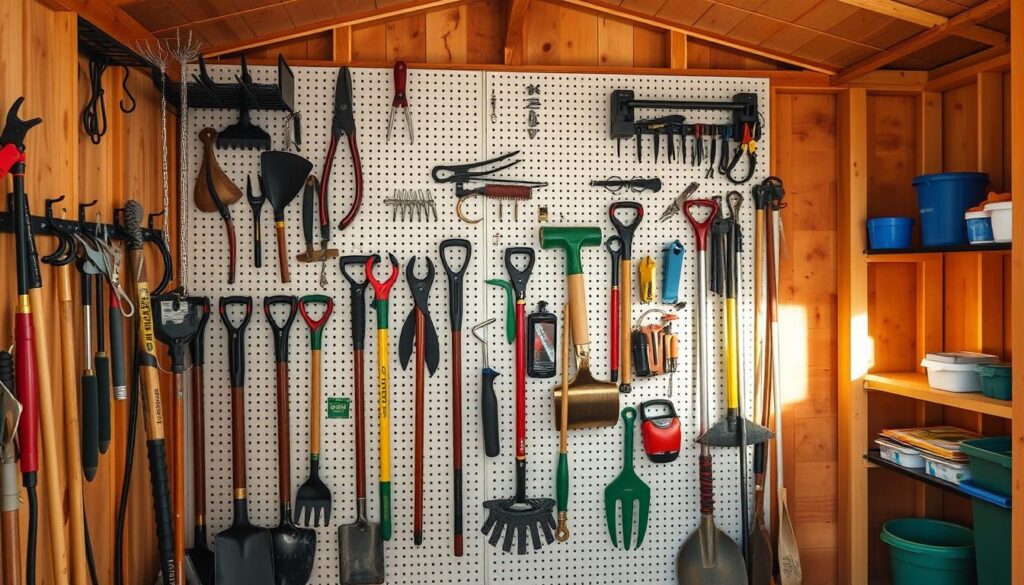 A well-organized and functional garden shed wall, illuminated by warm, natural lighting. In the foreground, an assortment of hooks and tool racks neatly display a variety of gardening implements, from trowels and pruners to shovels and rakes. The middle ground features a large, sturdy pegboard, its perforated surface adorned with an array of pegboard accessories, enabling efficient storage and easy access to essential tools. The background showcases the shed's interior, with shelves and storage containers providing additional organizational solutions. The overall composition conveys a sense of order, practicality, and a harmonious blend of form and function, perfect for the "Wall Storage That Works" section of the garden shed makeover article.