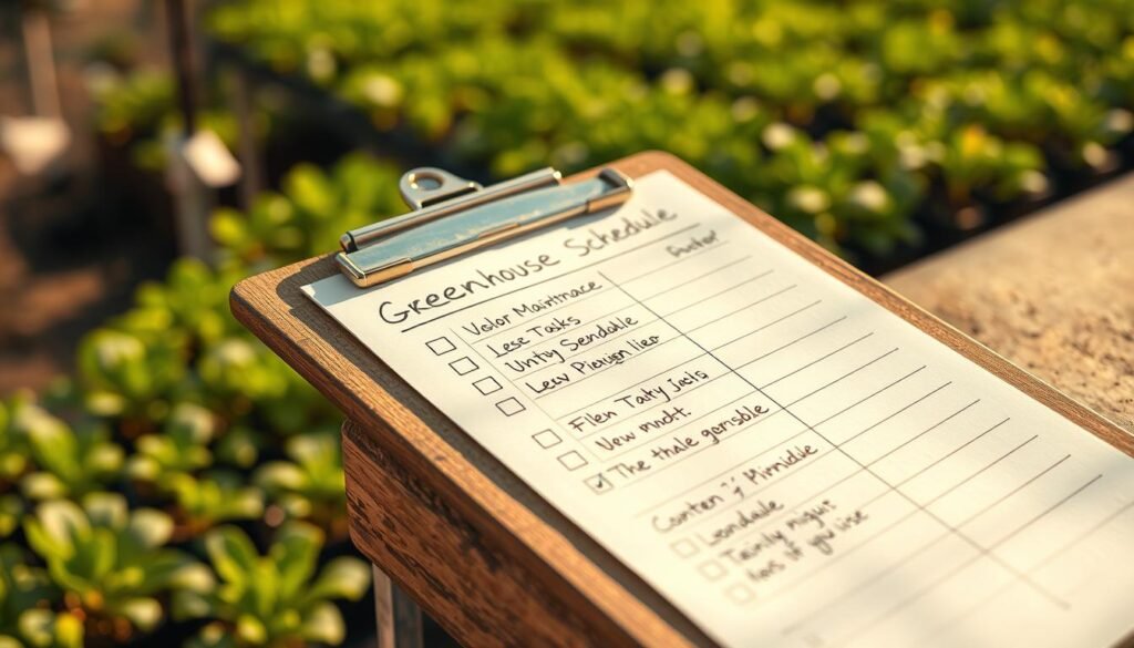A well-organized greenhouse schedule laid out on a rustic wooden clipboard, with neatly handwritten notes and checkboxes detailing the seasonal maintenance tasks. The clipboard is illuminated by warm, natural lighting, casting soft shadows and highlighting the texture of the weathered wood. In the background, a blurred view of lush, thriving plants and seedlings in the greenhouse, conveying a sense of productivity and care. The overall atmosphere is one of diligence, attention to detail, and a commitment to proactive maintenance for optimal greenhouse performance and yield.