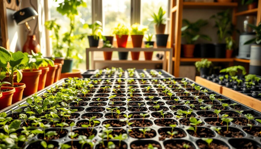 A well-organized seed starting setup in a cozy home garden. In the foreground, rows of seedling trays filled with lush, verdant soil and emerging sprouts. Middle ground showcases a variety of potted plants and propagation vessels, their rich hues and textures contrasting with the natural wood tones of the shelving unit. The background features a bright, airy window overlooking a sunlit outdoor garden, hinting at the future growth and blooms to come. Soft, diffused lighting casts a warm, nurturing glow, fostering an atmosphere of anticipation and new beginnings. A well-organized seed starting setup in a cozy home garden. In the foreground, rows of seedling trays filled with lush, verdant soil and emerging sprouts. Middle ground showcases a variety of potted plants and propagation vessels, their rich hues and textures contrasting with the natural wood tones of the shelving unit. The background features a bright, airy window overlooking a sunlit outdoor garden, hinting at the future growth and blooms to come. Soft, diffused lighting casts a warm, nurturing glow, fostering an atmosphere of anticipation and new beginnings.