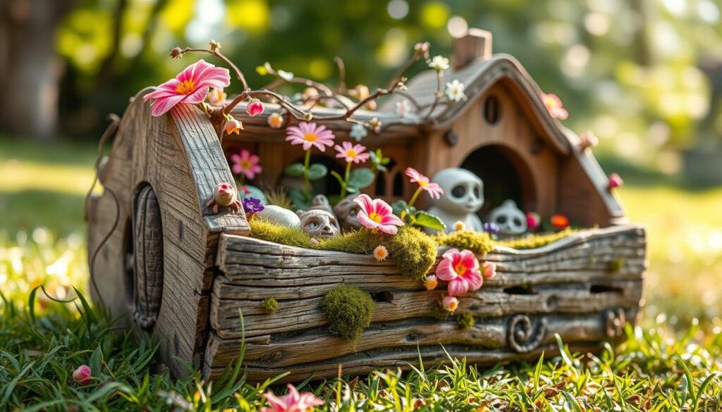 A whimsical, child-friendly fairy garden container filled with colorful blooms, mossy rocks, and enchanting details. A softly lit, close-up view showcases the container's weathered wood construction, with intricate carvings of fantastical creatures peeking out. Delicate vines and tiny flowers spill over the edges, creating a magical, inviting atmosphere. The container is positioned on a lush, verdant ground, with dappled sunlight filtering through the surrounding foliage. An air of wonder and imagination pervades the scene, capturing the essence of a cherished play space for a young adventurer. A whimsical, child-friendly fairy garden container filled with colorful blooms, mossy rocks, and enchanting details. A softly lit, close-up view showcases the container's weathered wood construction, with intricate carvings of fantastical creatures peeking out. Delicate vines and tiny flowers spill over the edges, creating a magical, inviting atmosphere. The container is positioned on a lush, verdant ground, with dappled sunlight filtering through the surrounding foliage. An air of wonder and imagination pervades the scene, capturing the essence of a cherished play space for a young adventurer.