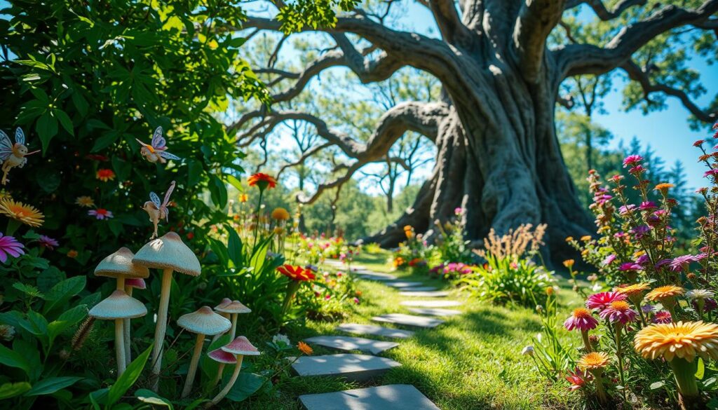 A whimsical child's fairy garden, filled with lush, vibrant foliage and whimsical, fantastical elements. In the foreground, a cluster of delicate, pastel-hued mushrooms and tiny, mischievous fairies flit about, their gossamer wings catching the soft, dappled sunlight filtering through the canopy above. In the middle ground, a winding, stone-lined path leads through a profusion of flowering plants, with bursts of color and texture in every direction. The background features a towering, gnarled tree, its branches reaching up to a clear, azure sky, framing the scene with a sense of enchantment and wonder. The overall atmosphere is one of pure imagination and joy, inviting the viewer to step into a magical, carefree world. A whimsical child's fairy garden, filled with lush, vibrant foliage and whimsical, fantastical elements. In the foreground, a cluster of delicate, pastel-hued mushrooms and tiny, mischievous fairies flit about, their gossamer wings catching the soft, dappled sunlight filtering through the canopy above. In the middle ground, a winding, stone-lined path leads through a profusion of flowering plants, with bursts of color and texture in every direction. The background features a towering, gnarled tree, its branches reaching up to a clear, azure sky, framing the scene with a sense of enchantment and wonder. The overall atmosphere is one of pure imagination and joy, inviting the viewer to step into a magical, carefree world.