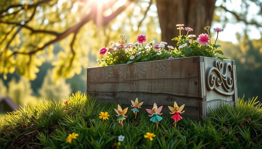 A whimsical fairy garden planter, brimming with delicate blooms and lush greenery. A weathered wooden box sits atop a grassy knoll, its sides adorned with intricate carvings of fanciful creatures. Sunlight filters through the canopy of a nearby tree, casting a warm, magical glow over the scene. In the foreground, miniature fairy figurines dance among the vibrant flowers, their delicate features captured in a soft, dreamlike focus. The planter's design is both practical and enchanting, inviting little hands to tend to the plants and discover the hidden wonders of this enchanted space. A whimsical fairy garden planter, brimming with delicate blooms and lush greenery. A weathered wooden box sits atop a grassy knoll, its sides adorned with intricate carvings of fanciful creatures. Sunlight filters through the canopy of a nearby tree, casting a warm, magical glow over the scene. In the foreground, miniature fairy figurines dance among the vibrant flowers, their delicate features captured in a soft, dreamlike focus. The planter's design is both practical and enchanting, inviting little hands to tend to the plants and discover the hidden wonders of this enchanted space.