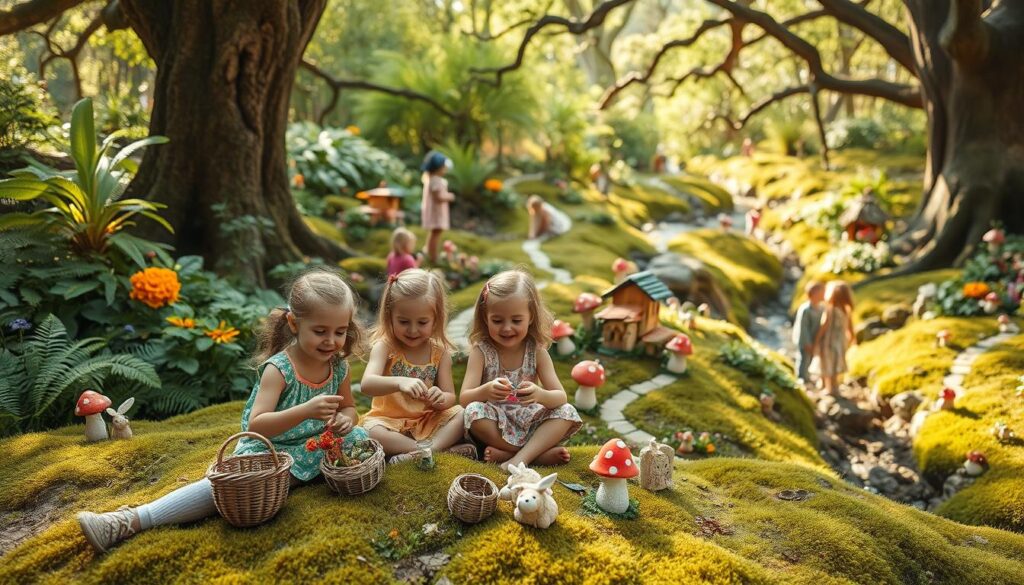 A whimsical fairy garden scene with a group of children playing and creating DIY fairy accessories. In the foreground, a trio of young girls sit on the mossy ground, their faces bright with delight as they carefully assemble tiny woven baskets, wind chimes, and clay figurines. In the middle ground, a cluster of small toadstool houses and winding paths lead deeper into the enchanted space, where more children explore and discover hidden treasures. The background is a lush, verdant landscape of ferns, flowers, and a gently babbling stream, all bathed in soft, warm light that filters through the canopy of ancient trees. An atmosphere of joyful imagination and wonder permeates the scene. A whimsical fairy garden scene with a group of children playing and creating DIY fairy accessories. In the foreground, a trio of young girls sit on the mossy ground, their faces bright with delight as they carefully assemble tiny woven baskets, wind chimes, and clay figurines. In the middle ground, a cluster of small toadstool houses and winding paths lead deeper into the enchanted space, where more children explore and discover hidden treasures. The background is a lush, verdant landscape of ferns, flowers, and a gently babbling stream, all bathed in soft, warm light that filters through the canopy of ancient trees. An atmosphere of joyful imagination and wonder permeates the scene.